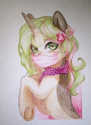 Size: 1358x1866 | Tagged: safe, artist:aphphphphp, oc, oc only, species:pony, species:unicorn, clothing, female, mare, mask, pale belly, pinto, scarf, solo, traditional art