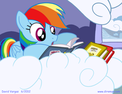 Size: 825x638 | Tagged: safe, artist:latecustomer, character:rainbow dash, species:pegasus, species:pony, book, cloud, female, mare, open mouth, prone, reading, show accurate, solo