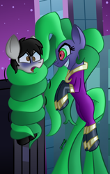 Size: 760x1200 | Tagged: safe, artist:snakeythingy, character:mane-iac, oc, oc:nightwish, species:pony, art trade, choking, coils, comic book, prehensile mane, squeezing, story included