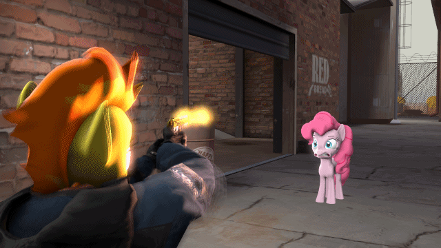 Size: 640x360 | Tagged: safe, artist:fishimira, character:pinkie pie, character:spitfire, species:anthro, 3d, abuse, animated, faec, female, gif, gun, gunshot, horrified, humor, immortal, invincible, pinkiebuse, shocked, source filmmaker, wat, weapon