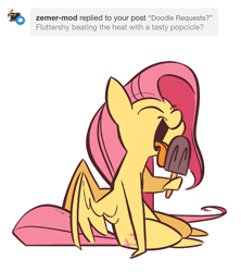 Size: 540x609 | Tagged: safe, artist:fluttershythekind, character:fluttershy, species:pegasus, species:pony, ask, cute, eyes closed, female, food, hoof hold, licking, popsicle, shyabetes, simple background, sitting, smiling, solo, spread wings, tongue out, tumblr, white background, wings