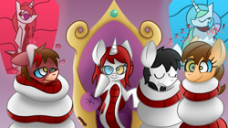 Size: 1360x760 | Tagged: safe, artist:snakeythingy, oc, oc only, oc:boltblood thundercloud, oc:nightwish, oc:ruby scales, oc:zippersnap, species:lamia, coils, implied princess celestia, kaa eyes, looking at you, mind control, original species, request, snake pony, story included, swirly eyes