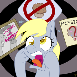 Size: 2000x2000 | Tagged: safe, artist:yakoshi, character:derpy hooves, character:pinkie pie, species:earth pony, species:pegasus, species:pony, newbie artist training grounds, cupcake, female, food, mare, muffin, open mouth, panic, screaming, sign, solo, the twilight zone