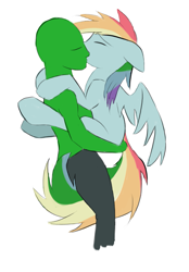 Size: 1133x1628 | Tagged: safe, artist:kejifox, edit, character:rainbow dash, oc, oc:anon, species:human, species:pegasus, species:pony, canon x oc, color edit, colored, eyes closed, female, floppy ears, hand on butt, holding a pony, human on pony action, interspecies, kissing, male, mare, simple background, spread wings, straight, white background, wings