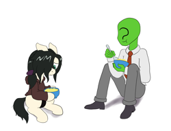 Size: 2488x1900 | Tagged: safe, artist:scraggleman, oc, oc only, oc:anon, oc:floor bored, species:earth pony, species:human, species:pony, /mlp/, 4chan, bowl, cheese, clothing, eating, food, hoodie, hoof hold, macaroni, macaroni and cheese, necktie, pants, pasta, shirt, shoes, simple background, sitting, white background