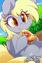 Size: 904x1355 | Tagged: safe, artist:dshou, character:derpy hooves, species:pegasus, species:pony, cute, derpabetes, ear fluff, eating, female, folded wings, food, hoof hold, nom, pizza, scrunchy face, solo, sweet dreams fuel, underp
