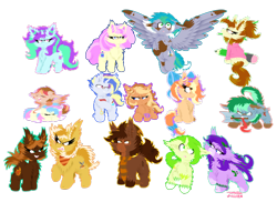 Size: 1024x745 | Tagged: safe, artist:vanillaswirl6, oc, oc only, oc:cerulean bird, oc:cobalt blast, species:earth pony, species:pegasus, species:pony, species:unicorn, axe, bandana, book, bow, bracelet, chest fluff, clothing, ear fluff, ear pull, eyes closed, female, fluffy, freckles, glasses, hat, hoodie, jewelry, lots of characters, male, mare, meatball, mouth hold, no pupils, one eye closed, open mouth, pencil, pocket watch, prone, ribbon, scarf, sharp teeth, shoulder fluff, sleeping, spread wings, stallion, tail wrap, teeth, wall of tags, weapon, wings, wink, yawn