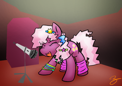 Size: 1082x767 | Tagged: safe, artist:zutcha, character:cheerilee, species:earth pony, species:pony, 80s, 80s cheerilee, eyes closed, female, mare, microphone, singing, solo