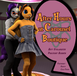 Size: 900x884 | Tagged: safe, artist:stellarator, character:rarity, oc, oc:cold front, species:anthro, species:pegasus, species:pony, species:unguligrade anthro, species:unicorn, comic:after hours at carousel boutique, 3d, blender, carousel boutique, clothing, comic, crossdressing, cycles, dress, explicit series, girly, implied sex, not sfm, title card