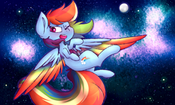 Size: 2200x1320 | Tagged: safe, artist:ashee, character:rainbow dash, species:pony, colored wings, female, flying, moon, multicolored wings, one eye closed, rainbow, rainbow wings, smiling, solo, space, stars, wink