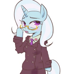 Size: 893x1073 | Tagged: safe, artist:k-nattoh, character:trixie, species:pony, species:unicorn, clothing, female, glasses, mare, simple background, solo, uniform, white background