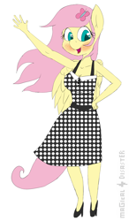 Size: 1260x2164 | Tagged: safe, artist:magical disaster, character:fluttershy, species:anthro, big breasts, breasts, clothing, dress, happy, high heels, multiple variants, open mouth, shoes, unmoving plaid, waving, wind, windy