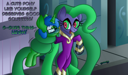 Size: 1300x760 | Tagged: safe, artist:snakeythingy, character:mane-iac, oc, oc:chilly willy, species:pony, art trade, choking, coils, comic book, dialogue, looking at each other, prehensile mane, squeezing, story included