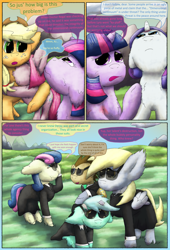 Size: 2160x3168 | Tagged: safe, artist:firefanatic, character:applejack, character:bon bon, character:derpy hooves, character:doctor whooves, character:lyra heartstrings, character:pinkamena diane pie, character:pinkie pie, character:rarity, character:sweetie drops, character:time turner, character:twilight sparkle, species:pony, :3, clothing, crying, dialogue, fluffy, hug, sleep talking, suit, sunglasses