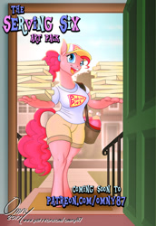 Size: 800x1166 | Tagged: safe, artist:omny87, character:pinkie pie, species:anthro, species:unguligrade anthro, series:the serving six, art pack, art pack cover, baseball cap, cap, clothing, food, hat, logo, looking at you, patreon, patreon preview, pizza, pizza box, pizza delivery, promotional art, shirt, shorts, soda, t-shirt
