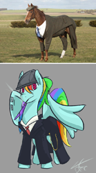 Size: 634x1140 | Tagged: safe, artist:liracrown, edit, character:rainbow dash, oc, oc:morestead, species:pony, cigarette, clothing, comparison, fashion, flat cap, fob watch, funny, hat, hilarious, horse, horse-pony interaction, irl, necktie, newsboy hat, peaky blinders, peaky flyers, photo, rainbow dash always dresses in style, razor blade, reference, sketch, smoking, stranger than fiction, style, suit, trenchcoat, tweed, wat