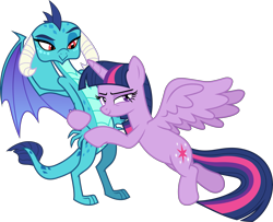 Size: 6000x4882 | Tagged: safe, artist:magister39, character:princess ember, character:twilight sparkle, character:twilight sparkle (alicorn), species:alicorn, species:dragon, species:pony, episode:triple threat, g4, my little pony: friendship is magic, absurd resolution, hug, implied emberlight, simple background, this will end in snu snu, transparent background, vector