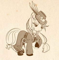 Size: 569x585 | Tagged: safe, artist:bunnimation, character:applejack, species:earth pony, species:pony, brown background, classy, clothing, dress, feather, female, hat, mare, monochrome, photoshop, simple background, solo, steampunk, watch