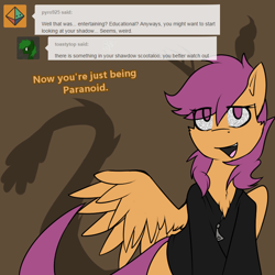 Size: 750x750 | Tagged: safe, artist:conmanwolf, character:scootaloo, species:pegasus, species:pony, fanfic:rainbow factory, ask factory scootaloo, clothing, comic, factory scootaloo, shadow, static