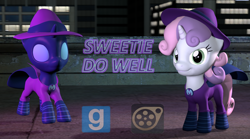 Size: 1238x688 | Tagged: safe, artist:pika-robo, character:mare do well, character:sweetie belle, species:pony, episode:the mysterious mare do well, g4, my little pony: friendship is magic, 3d, downloadable, female, gmod, solo, source filmmaker, sweetie do well
