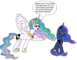 Size: 3272x2568 | Tagged: safe, artist:supahdonarudo, character:princess celestia, character:princess luna, species:alicorn, species:pony, episode:a royal problem, g4, my little pony: friendship is magic, angry, dialogue, meta, scrunchy face, simple background, speech bubble, swapped cutie marks, transparent background, vector