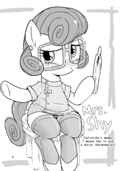 Size: 1700x2400 | Tagged: safe, artist:k-nattoh, character:posey shy, species:pegasus, species:pony, comic:ponicosu, clothing, doujin, female, glasses, nurse outfit, smiling, solo, stockings, thermometer, thigh highs