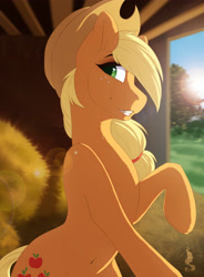 Size: 3338x4538 | Tagged: safe, artist:silentwulv, character:applejack, species:earth pony, species:pony, absurd resolution, belly button, clothing, cowboy hat, female, freckles, hat, hay, high res, lens flare, mare, raised hoof, rearing, solo, stetson, sun