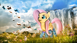Size: 1920x1080 | Tagged: safe, artist:star-lightstarbright, character:fluttershy, species:pony, 3d, butterfly, clothing, cute, female, happy, shyabetes, socks, solo, striped socks, waterfall