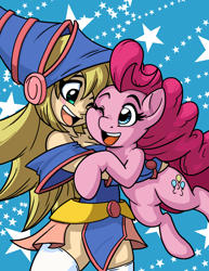 Size: 2550x3300 | Tagged: safe, artist:latecustomer, character:pinkie pie, species:earth pony, species:pony, commission, crossover, cute, dark magician girl, diapinkes, female, hug, mare, one eye closed, smiling, yu-gi-oh!