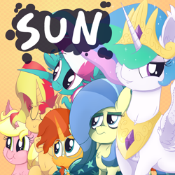 Size: 4000x4000 | Tagged: safe, artist:dragonpone, derpibooru original, character:princess celestia, character:spring step, character:sunburst, character:sunlight spring, character:sunset shimmer, character:sunshine smiles, character:sunshower, species:alicorn, species:pegasus, species:pony, species:unicorn, belly button, bipedal, catasterism, cheek fluff, chest fluff, crossed hooves, ear fluff, eyes closed, feather, flying, hair over one eye, lidded eyes, namesake, smiling, spread wings, stellar similarities, sun, sunshine shimmer, tongue out, wings