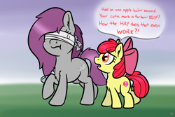 Size: 3000x2000 | Tagged: safe, artist:yakoshi, character:apple bloom, oc, oc:lumine, species:pony, blind, blindfold, dialogue