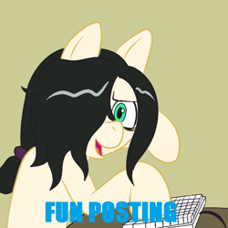 Size: 576x576 | Tagged: safe, artist:scraggleman, oc, oc only, oc:floor bored, species:earth pony, species:pony, /mlp/, 4chan, female, keyboard, looking at you, mare, ponytail, solo