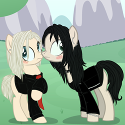 Size: 900x900 | Tagged: safe, artist:dementra369, oc, oc only, species:earth pony, species:pony, blushing, boop, clothing, collar, duo, ear piercing, female, mare, necktie, nose wrinkle, noseboop, not shipping, piercing, raised hoof