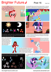 Size: 5656x8000 | Tagged: safe, artist:waveywaves, character:applejack, character:discord, character:fluttershy, character:pinkie pie, character:princess celestia, character:princess luna, character:rainbow dash, character:rarity, character:twilight sparkle, character:twilight sparkle (alicorn), oc, oc:dustchu, oc:ruby rey, oc:slide fortissimo, species:alicorn, species:pony, comic:brighter future, ship:twidash, absurd resolution, beaker, candy, candy cane, comic, dialogue, female, fire, food, funnel, grimdark series, lesbian, science, shipping, sign, speech bubble, test tube, vector