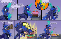 Size: 1600x1032 | Tagged: safe, artist:omny87, character:princess luna, species:alicorn, species:pony, episode:slice of life, g4, my little pony: friendship is magic, adorkable, cake, comic, cooking, cute, dork, eyes closed, female, floppy ears, food, gradient background, hammer, hammerspace, hammerspace wings, levitation, lunabetes, magic, mallet, mare, messy, misunderstanding, mouth hold, open mouth, pan, pancakes, silluna, silly, silly pony, smiling, solo, sound effects, spatula, spread wings, telekinesis, wings, you tried