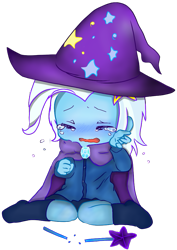 Size: 703x994 | Tagged: safe, artist:starwantrix, artist:weiliy, derpibooru original, edit, character:trixie, my little pony:equestria girls, broken, clothing, color edit, colored, crying, cute, diatrixes, eyes closed, feels, female, hat, hugs needed, open mouth, sad, simple background, solo, transparent background, wand, wavy mouth, woobie, young, younger