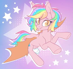 Size: 985x939 | Tagged: safe, artist:lightning-stars, oc, oc only, oc:paper stars, species:bat pony, species:pony, amputee, art trade, bandage, bat pony oc, female, looking at you, mare, multicolored hair, smiling, solo