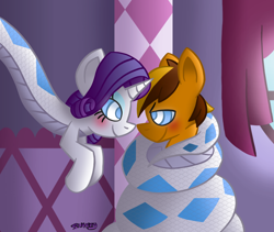Size: 900x760 | Tagged: safe, artist:snakeythingy, character:rarity, oc, oc:merc fox, species:lamia, art trade, canon x oc, carousel boutique, coils, kaa eyes, lamity, looking at each other, mind control, original species, story included