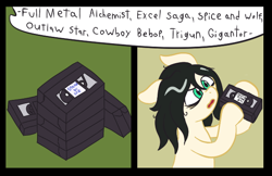 Size: 608x393 | Tagged: safe, artist:scraggleman, oc, oc only, oc:floor bored, species:earth pony, species:pony, episode:stand by me, g1, my little pony tales, 2 panel comic, comic, confused, dialogue, female, mare, offscreen character, vhs, vhs tapes