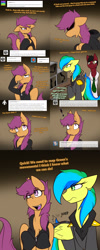 Size: 1500x3750 | Tagged: safe, artist:conmanwolf, character:scootaloo, oc, oc:aurora dawn, oc:dr. atmosphere, oc:green, oc:little monster, species:draconequus, species:pegasus, species:pony, fanfic:rainbow factory, ask factory scootaloo, clothing, comic, crying, factory scootaloo, idea, monitor, silhouette