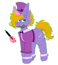 Size: 1024x1145 | Tagged: safe, artist:vanillaswirl6, oc, oc only, oc:circus legend, species:pony, species:unicorn, baton, cheek fluff, clothing, commission, cuffs (clothes), dock, ear fluff, facial hair, glowing horn, grin, hat, hoof fluff, looking at you, magic, male, simple background, smiling, solo, stallion, standing, telekinesis, top hat, transparent background