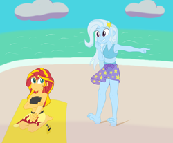 Size: 3084x2548 | Tagged: safe, artist:scraggleman, character:sunset shimmer, character:trixie, /mlp/, my little pony:equestria girls, bandeau, barefoot, beach, belly button, bikini, clothing, cute, diatrixes, feet, midriff, sarong, shimmerbetes, summer sunset, suntan lotion, swimsuit, wrap skirt