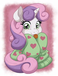 Size: 2550x3300 | Tagged: safe, artist:latecustomer, character:sweetie belle, species:pony, species:unicorn, clothing, cute, diasweetes, female, filly, hnnng, looking at you, oversized clothes, smiling, solo, sweater, tongue out