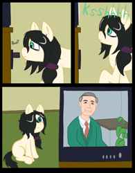 Size: 600x770 | Tagged: safe, artist:scraggleman, oc, oc only, oc:floor bored, species:earth pony, species:pony, comic, mister rogers, mister rogers' neighborhood, sitting, solo, television, vcr, vhs