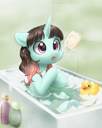 Size: 3009x3781 | Tagged: safe, artist:aphphphphp, oc, oc only, oc:euphoria, species:pony, species:unicorn, bath, bathtub, cute, female, mare, ocbetes, rubber duck, soap, solo