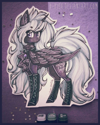 Size: 1161x1447 | Tagged: safe, artist:tenebristayga, oc, oc only, species:alicorn, species:pony, alicorn oc, big wings, chest fluff, collar, ear fluff, female, fluffy mane, hoof boots, mare, marker, marker drawing, solo, traditional art, wings