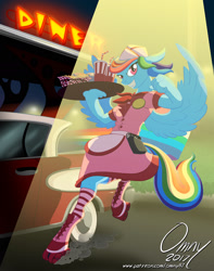 Size: 1200x1524 | Tagged: safe, artist:omny87, character:rainbow dash, species:anthro, species:unguligrade anthro, series:the serving six, 1950s, apron, burger, car, clothing, diner, diner dash, diner uniform, dress, food, french fries, rainbow dash always dresses in style, retro, roller skates, socks, soda, striped socks, waitress