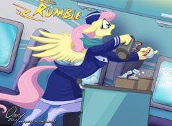 Size: 1200x880 | Tagged: safe, artist:omny87, character:fluttershy, species:anthro, species:unguligrade anthro, series:the serving six, airline, clothing, coffee, female, hat, plane, scarf, solo, stewardess, stockings, thigh highs, tripping, uniform