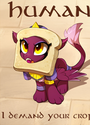 Size: 740x1024 | Tagged: safe, artist:tomatocoup, edit, character:sphinx, species:sphinx, episode:daring done, behaving like a cat, bread, bread head, breading, cat breading, cropped, cute, diabetes, female, food, irony, kitty sphinx, meme, pun, sitting, solo, sphinxdorable, sweet dreams fuel, uncial script, visual gag