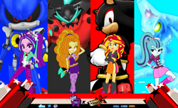 Size: 3319x2019 | Tagged: safe, artist:trungtranhaitrung, character:adagio dazzle, character:aria blaze, character:sonata dusk, character:sunset shimmer, chaos, chaos (sonic), crossover, metal sonic, shadow the hedgehog, sonic forces, sonic the hedgehog (series), the dazzlings, zavok